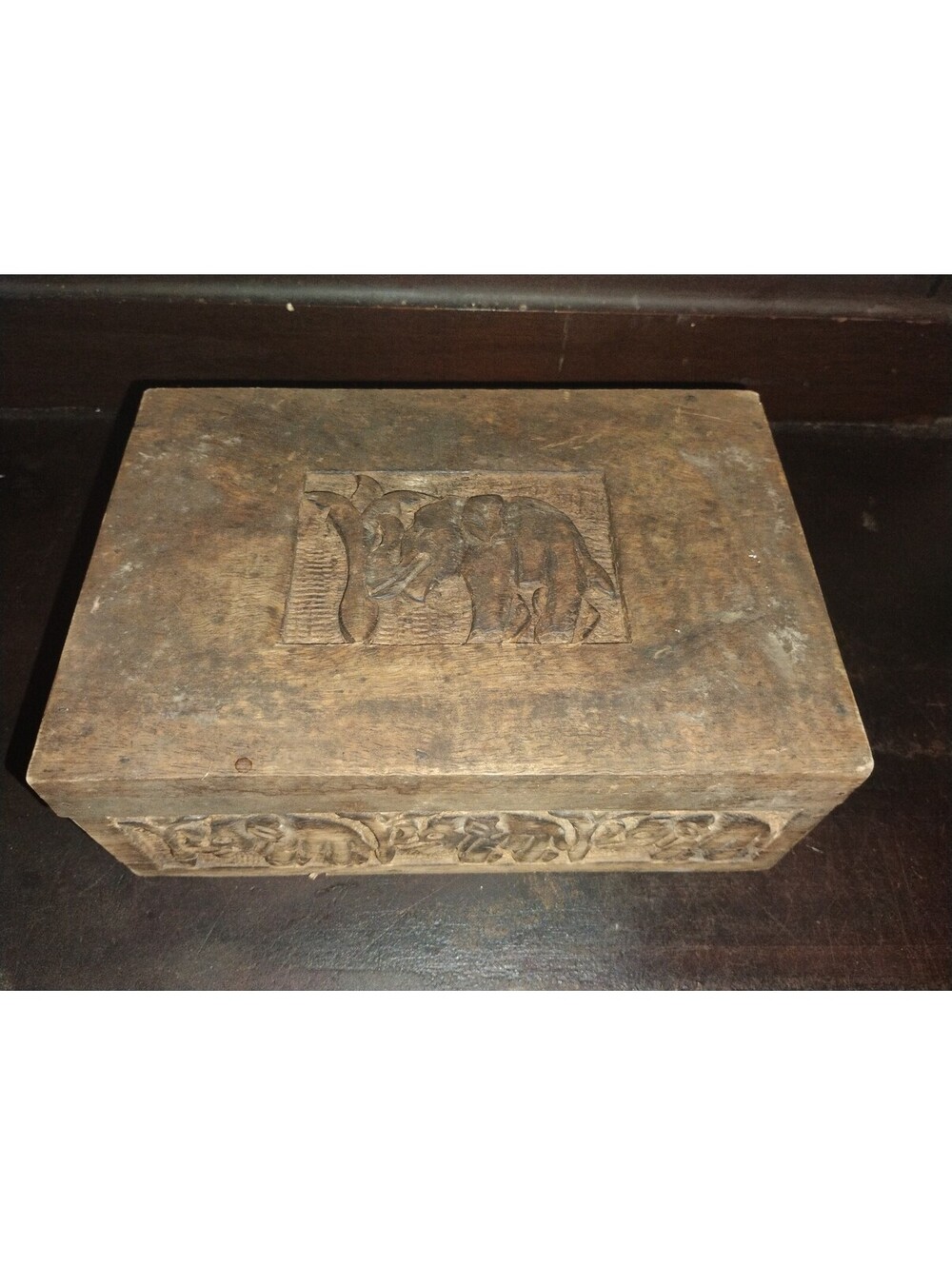 Vintage Hand-Carved Wooden Elephant Trinket Box with Relief Lid